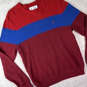 NWT Original Penguin Men's Colorblock Waffle Knit Sweater Sz L Red Blue Crewneck